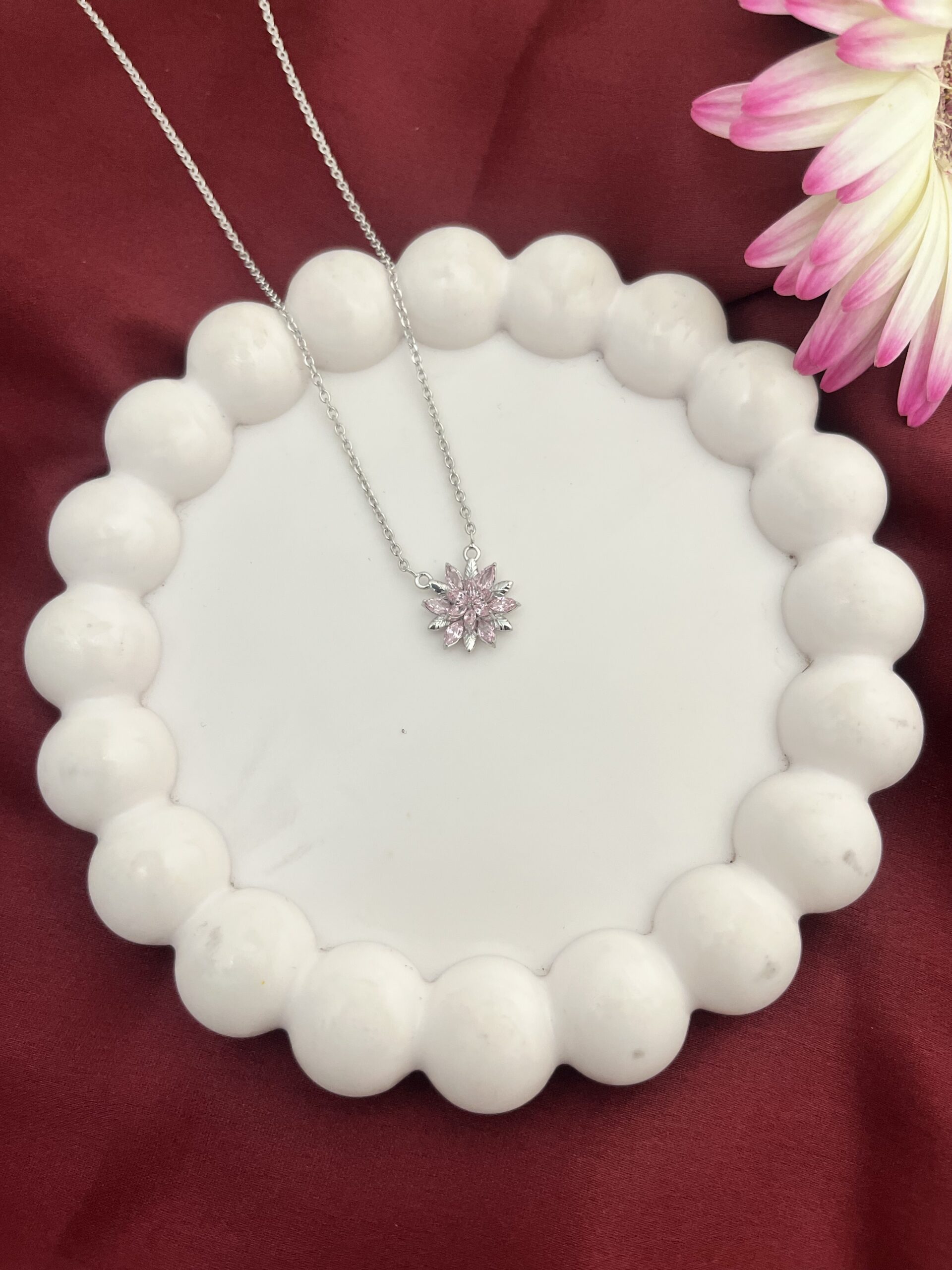 Blooming Pink Marquise Floral Pendant Necklace - Image 2